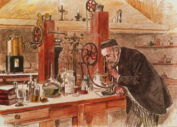Louis Pasteur experimenterar för att bota hydrofobi i sitt laboratorium, c.1885, pub. c.1895 (tryck)